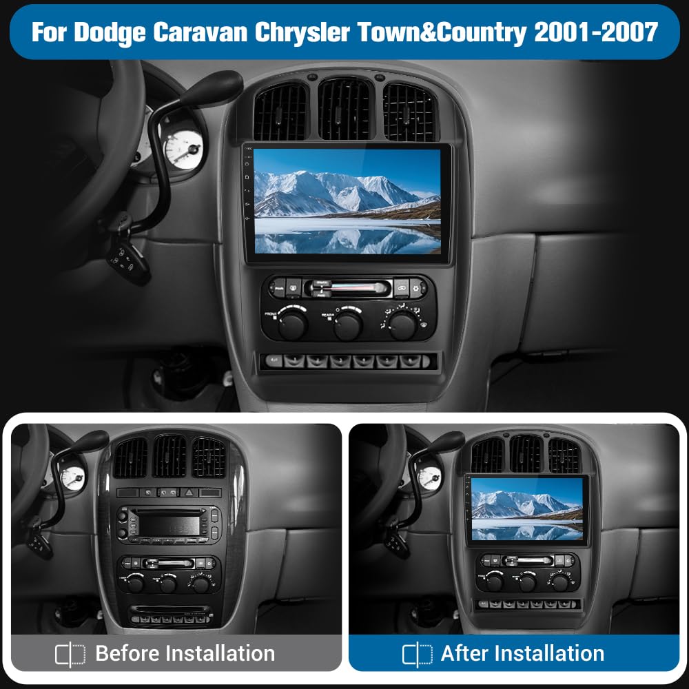 Autoradio 10,1" pour Dodge Caravan/Chrysler Town & Country (2001-2007), 2+64 Go, Android 12, CarPlay, Android Auto, Bluetooth, DSP, navigation GPS