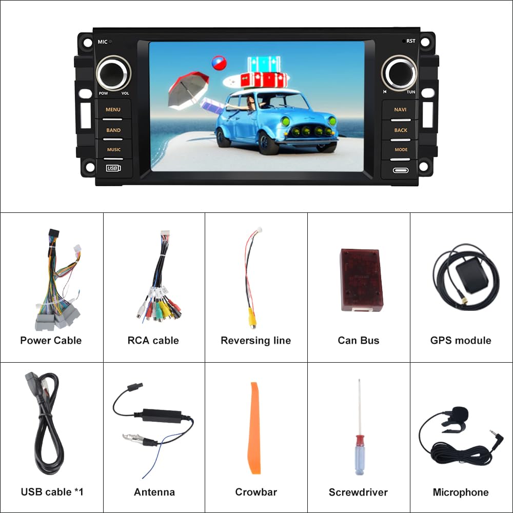 Stéréo de voiture Android pour Jeep Wrangler JK (2007-2018) et Dodge RAM (2009-2012) - Carplay/Android Auto, Bluetooth, WiFi, 2G RAM, 32G ROM Radio Remplacement