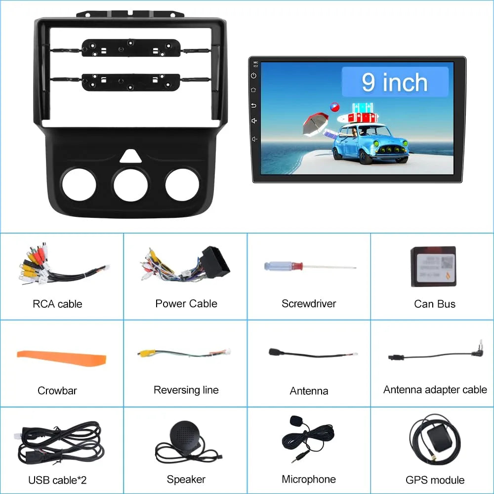 Autoradio 9" pour Dodge Ram 2013-2019 1500/2500/3500, CarPlay/Android Auto intégré, 2G RAM, 64G ROM, DSP, Bluetooth, GPS, FM, WiFi