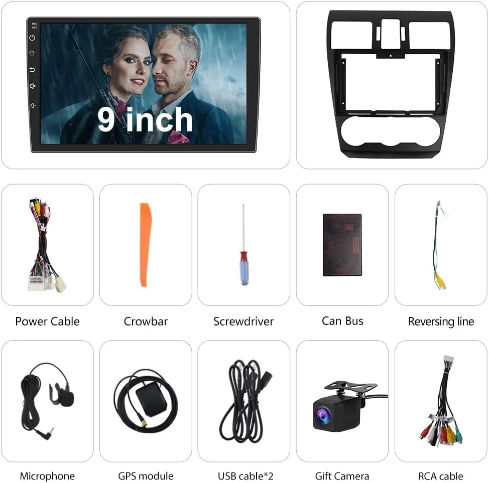 Autoradio 9" Android 13 pour Subaru Forester/WRX/Impreza 2013-2015, compatible Harman Kardon, 2G+32G, Carplay/Android Auto, GPS, WiFi, BT, FM/AM, DSP, SWC, caméra arrière