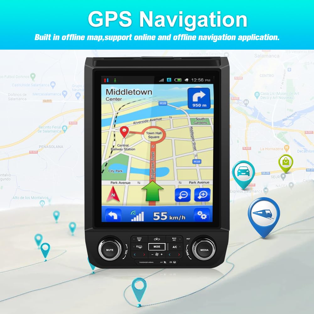 Autoradio Android 12 pour Ford F150 2015-2020 : écran style T 12", GPS, CarPlay sans fil, Android Auto, commandes de direction, WiFi, Bluetooth, mise à niveau radio 4G + 64 Go