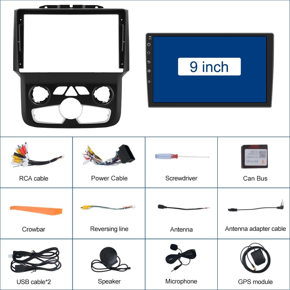 Autoradio Android 12.0 pour Dodge Ram 1500-3500 (2013-2018) Auto AC, écran tactile 9", 2+64 Go, CarPlay sans fil/Android Auto, Bluetooth/GPS/WiFi