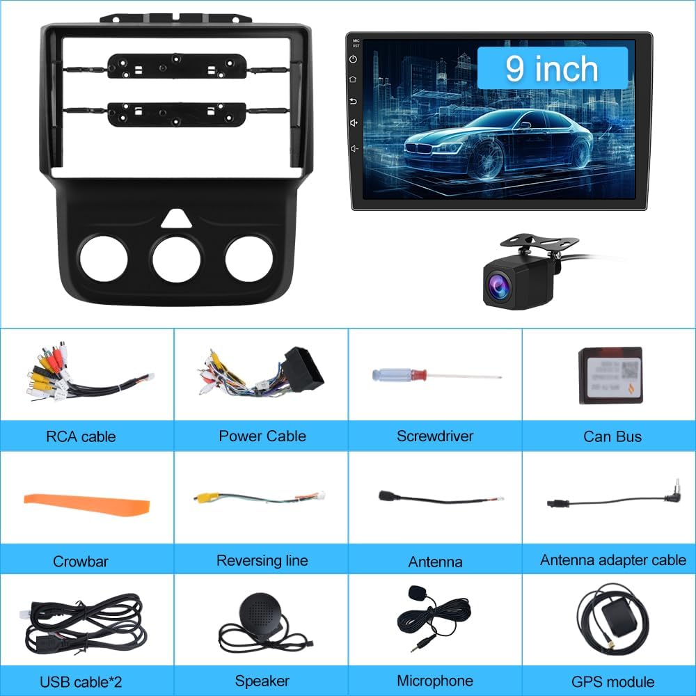 Autoradio Android 9" pour Dodge RAM 1500-3500 (2013-2018) avec WiFi 5G, CarPlay, Android Auto, 2+32 Go - Manuel AC uniquement