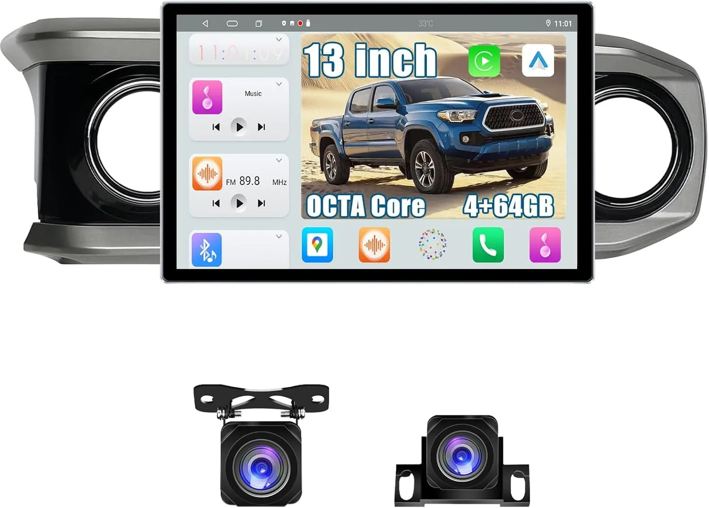 Autoradio Toyota Tacoma 2015-2022 13" Android 13 RAM 4+64 Go, Octa Core, QLED, Bluetooth, GPS, DSP, AM/FM/RDS, SWC, WiFi, interface utilisateur 3D, caméra avant/arrière