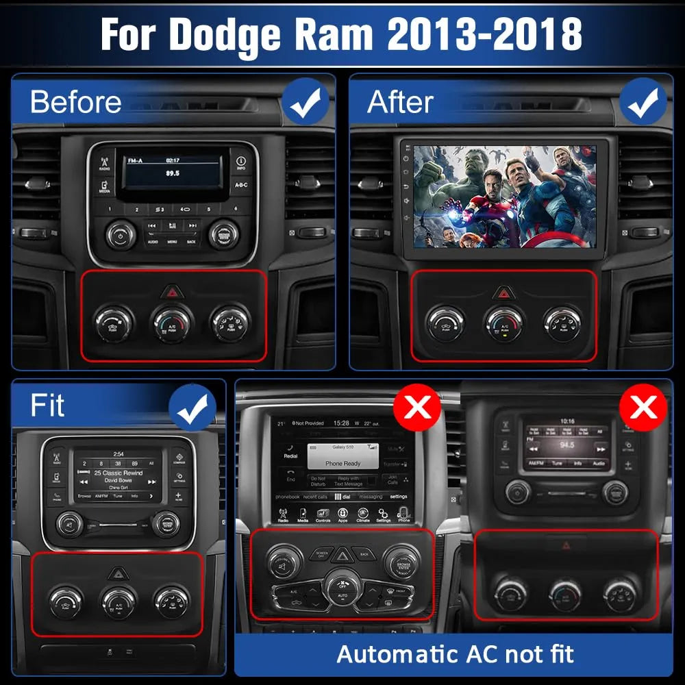 Autoradio Android 13 4G+64G pour Dodge RAM 1500-3500 (2013-2018) avec CarPlay, Android Auto, Bluetooth, GPS, WiFi, processeur Qualcomm