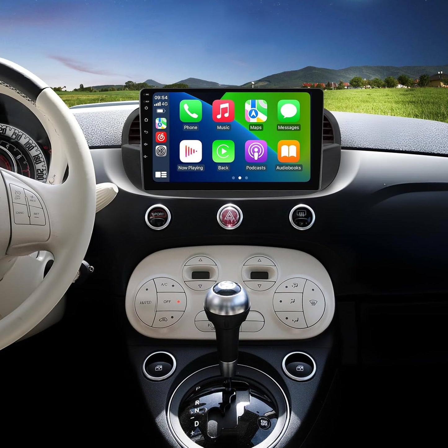 Écran tactile QLED 9" Android 13 stéréo pour Fiat 500/500C (2007-2015) - 8 cœurs, 2+32 Go, Car-Play, Android Auto, GPS, SWC, DSP, RDS, vue arrière, kit de tableau de bord de remplacement radio