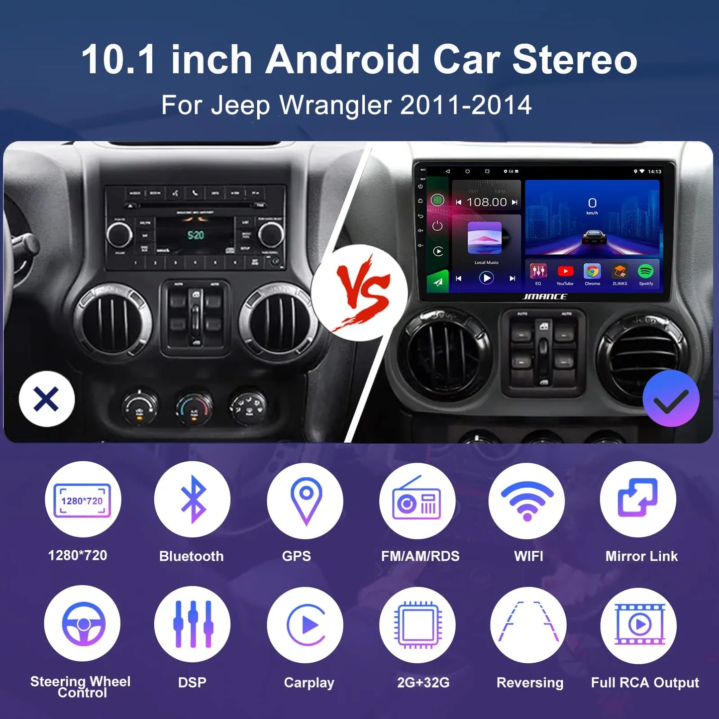 Stéréo de voiture Android 10,1" pour Jeep Wrangler 2011-2014 : 2+64 Go, GPS, DSP, Bluetooth, WiFi, CarPlay sans fil/Android Auto, commande au volant