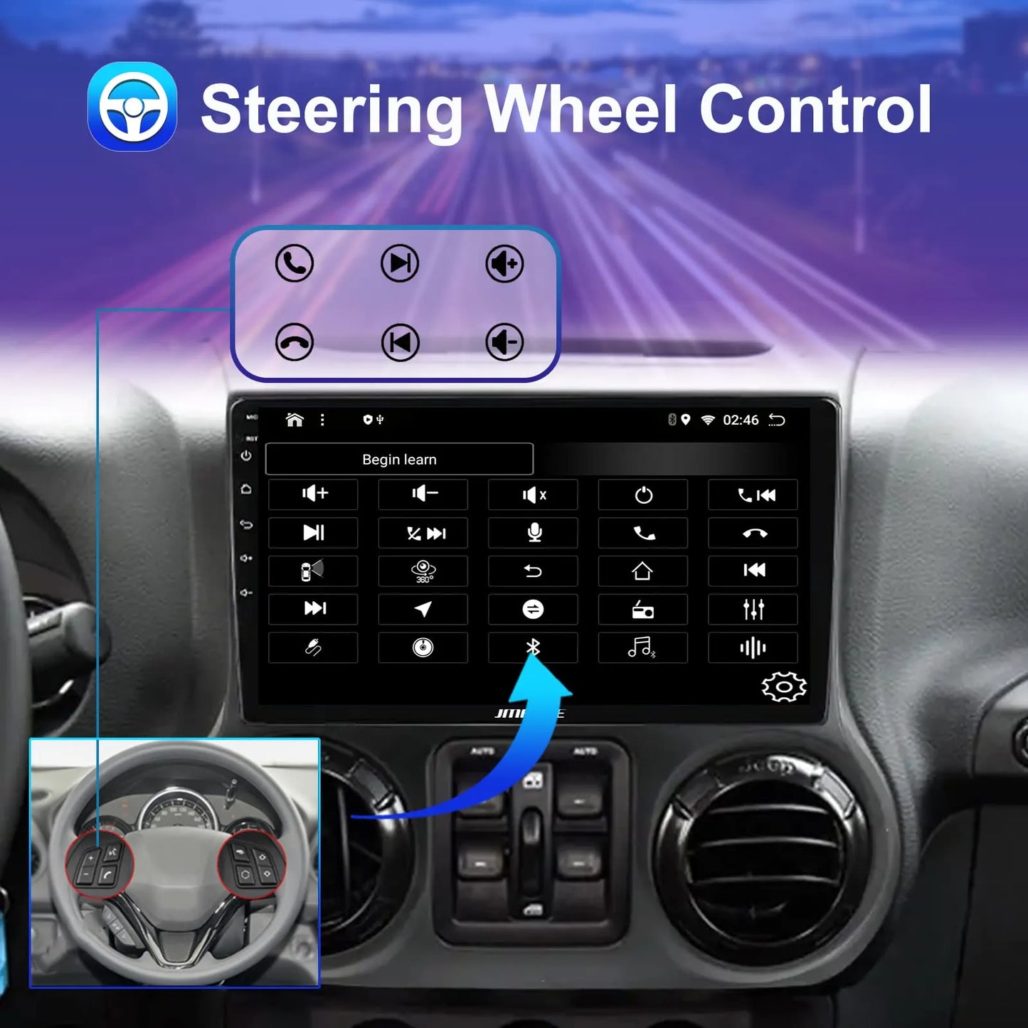 Stéréo de voiture Android 10,1" pour Jeep Wrangler 2011-2014 : 2+64 Go, GPS, DSP, Bluetooth, WiFi, CarPlay sans fil/Android Auto, commande au volant