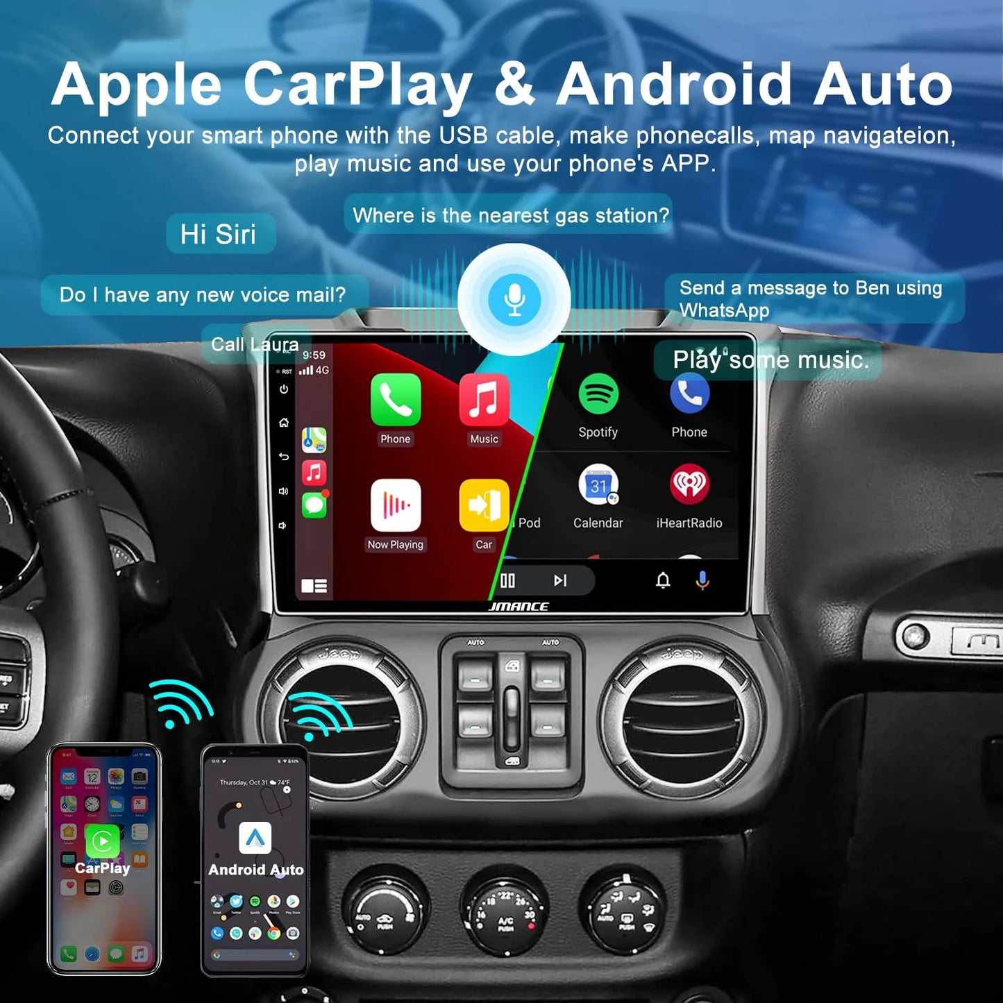 Autoradio 10,1" pour Jeep Wrangler 2011-2014 : 2+64 Go, GPS, DSP, Bluetooth, WiFi, CarPlay sans fil et Android Auto, commande au volant