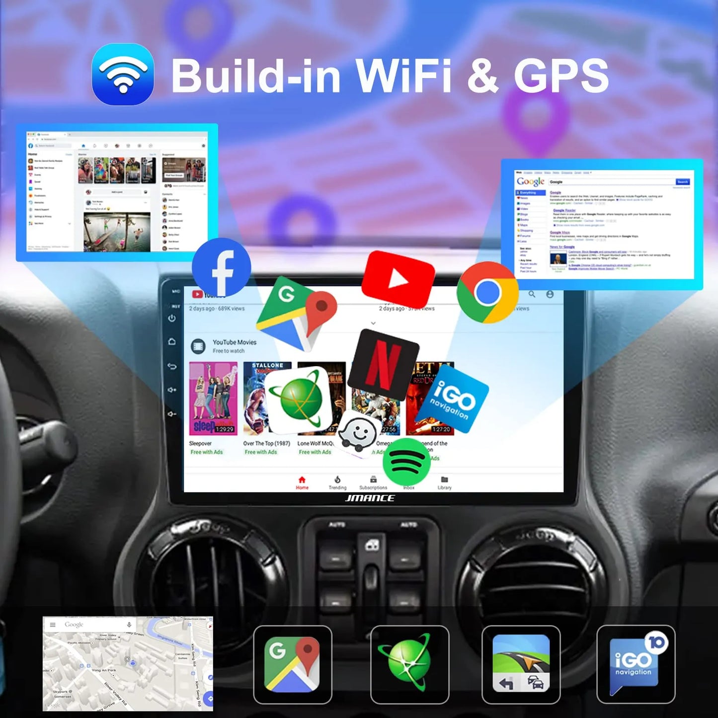 Stéréo de voiture Android 10,1" pour Jeep Wrangler 2011-2014 : 2+64 Go, GPS, DSP, Bluetooth, WiFi, CarPlay sans fil/Android Auto, commande au volant