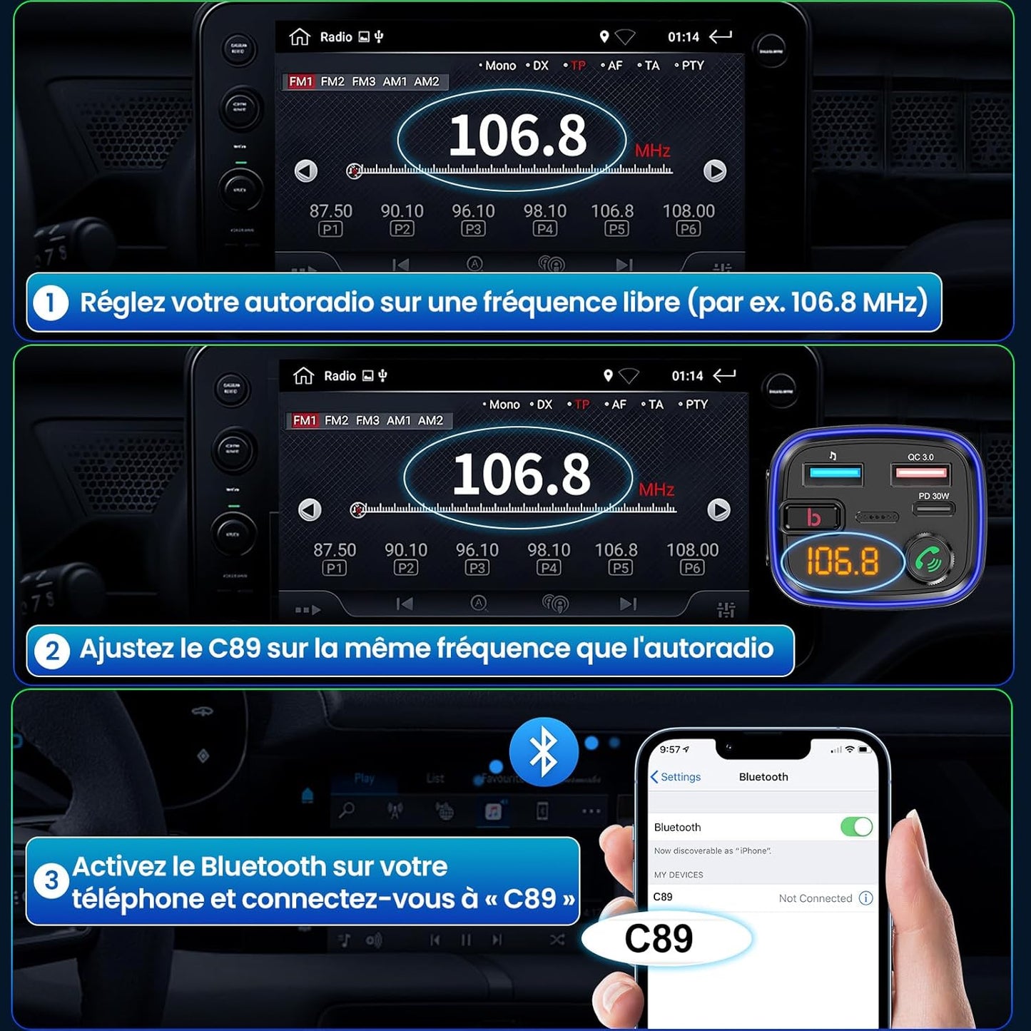 Émetteur Bluetooth Voiture Kit Main Libre & Charge Rapide USB-C 30W