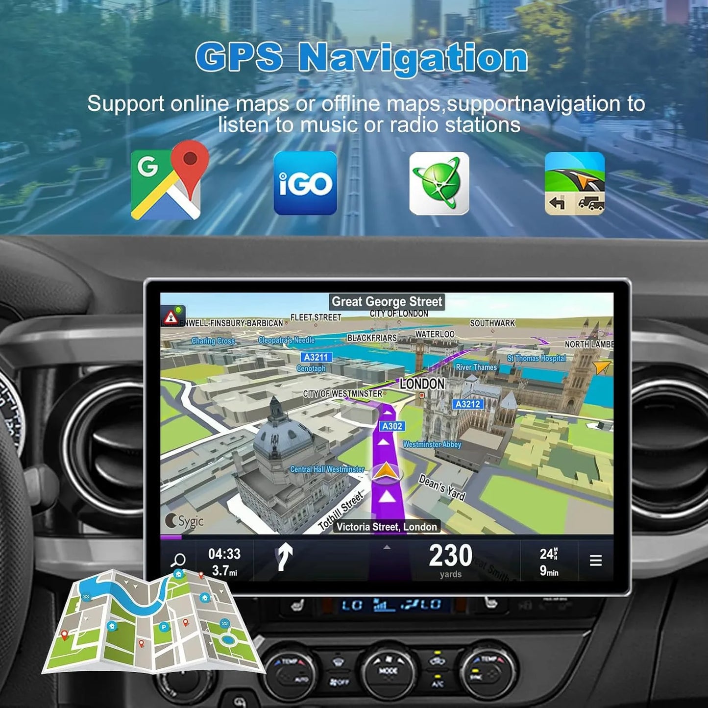 Autoradio Toyota Tacoma 2015-2022 13" Android 13 RAM 4+64 Go, Octa Core, QLED, Bluetooth, GPS, DSP, AM/FM/RDS, SWC, WiFi, interface utilisateur 3D, caméra avant/arrière