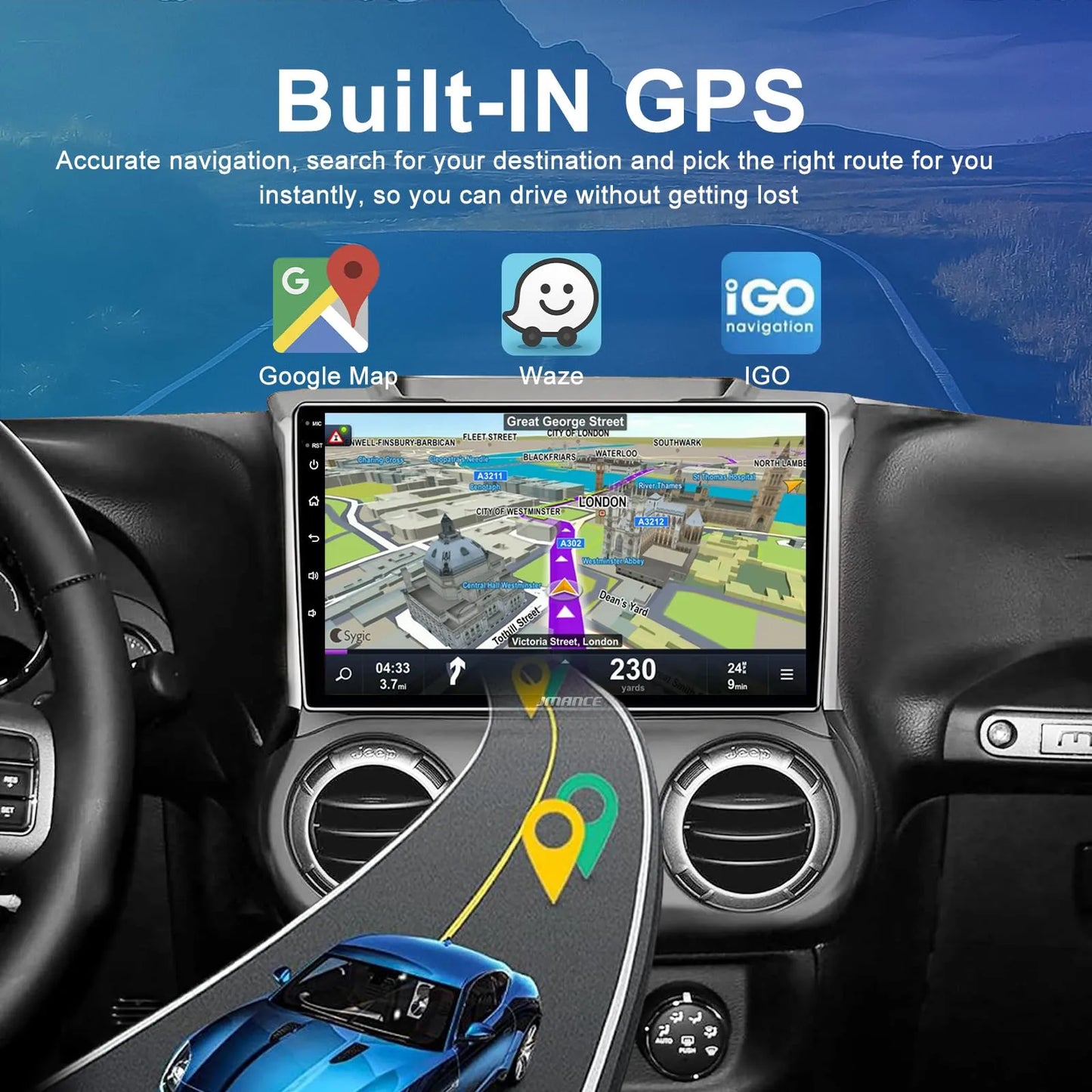 Autoradio 10,1" pour Jeep Wrangler 2011-2014 : 2+64 Go, GPS, DSP, Bluetooth, WiFi, CarPlay sans fil et Android Auto, commande au volant