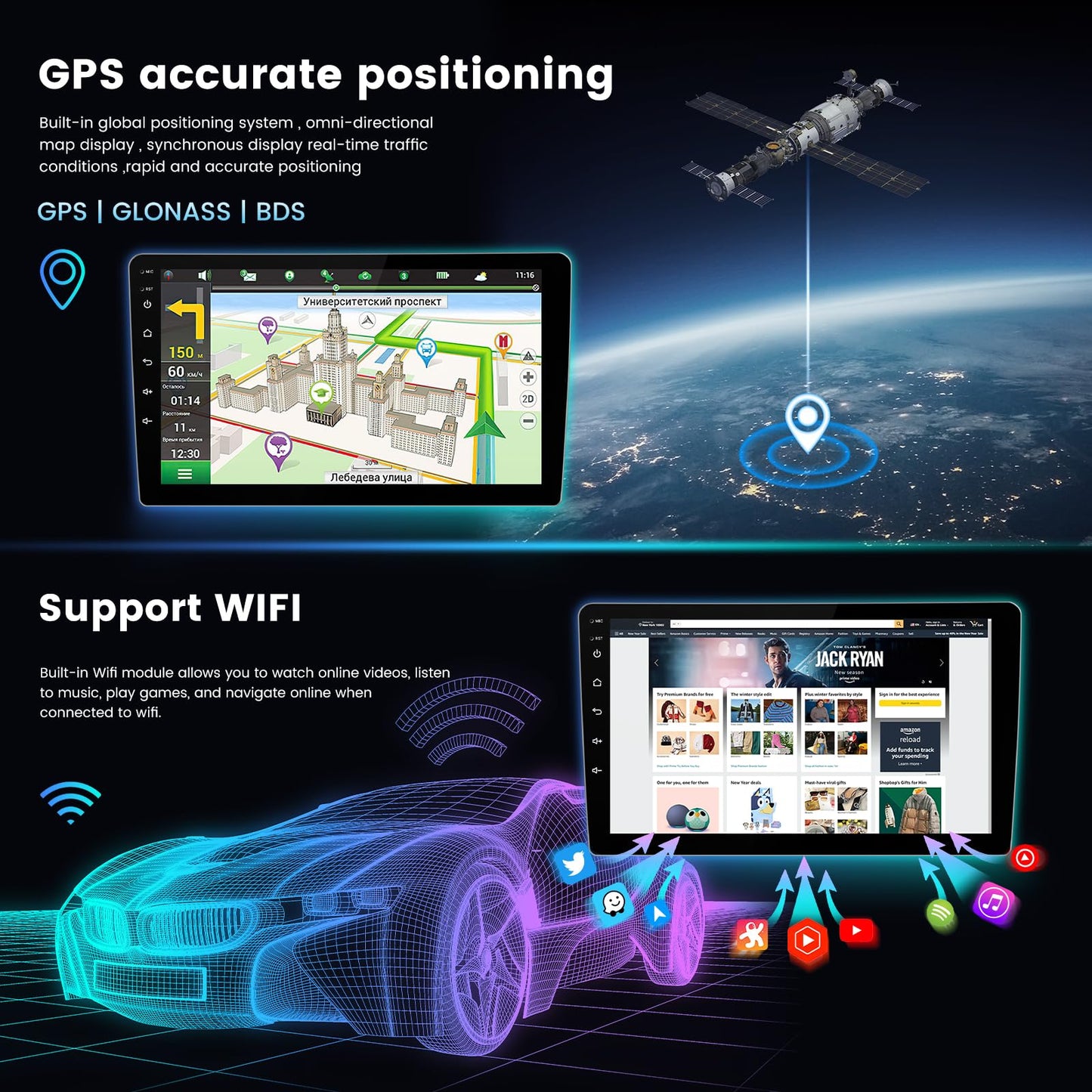 Stéréo de voiture Android 13 8 cœurs 4 + 64 Go pour Dodge Ram 1500-3500 (2013-2019) avec climatisation automatique, écran tactile 9" 1280 x 720, CarPlay/Android Auto, DSP, AM/FM, SWC, WiFi 5G