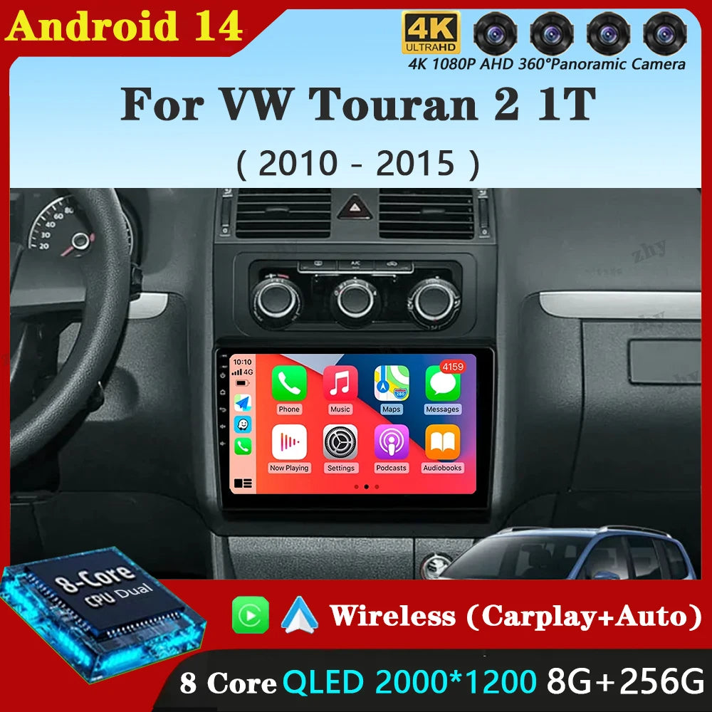 Poste Android 14|4G-64|Touran 2010-2015 | Autoradio | Android 14 | Écran Tactile | CarPlay | Bluetooth | GPS
