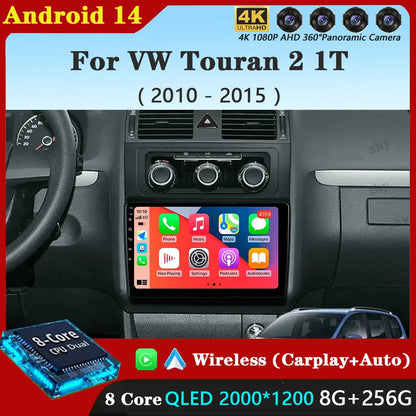 Poste Android 14|4G-64|Touran 2010-2015 | Autoradio | Android 14 | Écran Tactile | CarPlay | Bluetooth | GPS