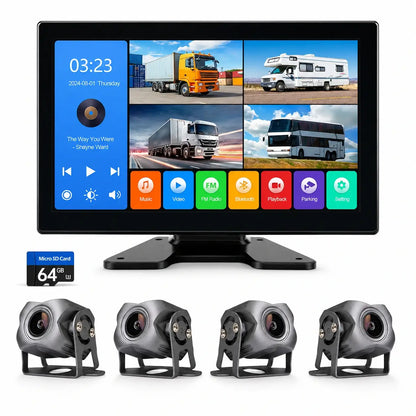 Kamera-Kit 4K 1080P 4 Kanäle mit Touchscreen 10,2″ für Lkw, bus & Wohnmobile – 360°-Sicht, Aufnahme 5 Kanäle, wasserdicht IP69, Bluetooth 5.0, einfache Installation