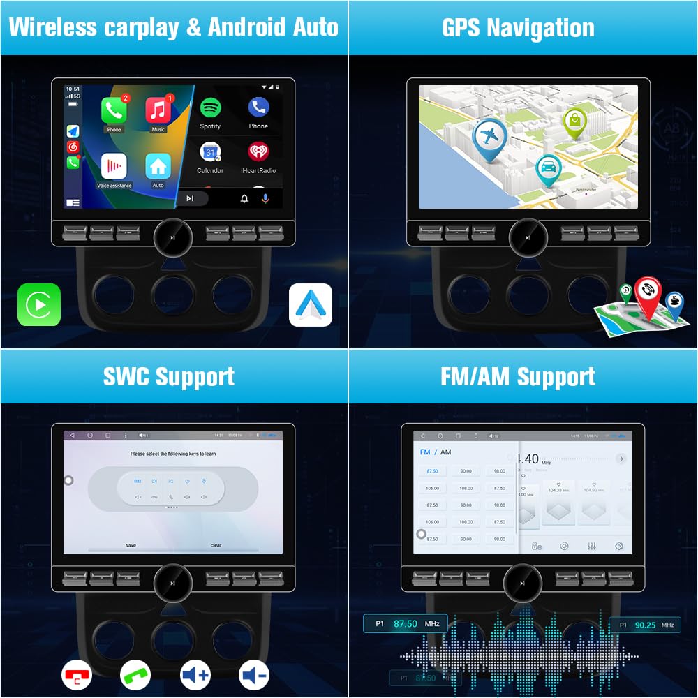 Autoradio Android pour Dodge Ram 2013-2019 : écran 10,6", 4G+64G Qualcomm 6215, Carplay/Android Auto, BT/WiFi/GPS/AM/FM/SWC/4G (SIM non inclus), AUTO AC