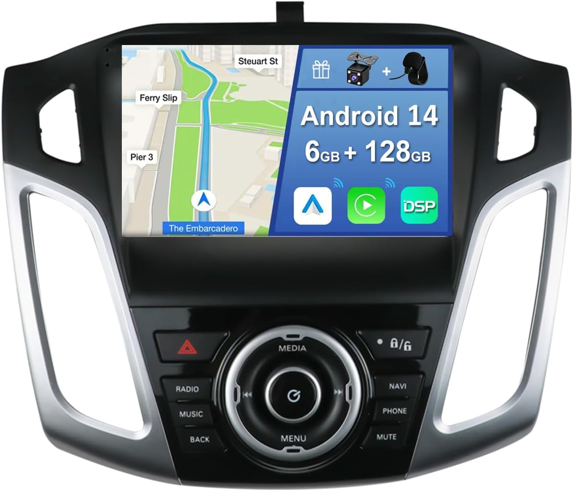 YUNTX Android 14 [6GB+128GB] 2 Din Autoradio pour Ford Focus 2012-2017-[Intégré CarPlay/Android Auto/DSP/GPS]-Caméra+MIC-9" IPS 2.5D Écran Tactile-Dab/Bluetooth 5.0/Commande au Volant/360 Caméra