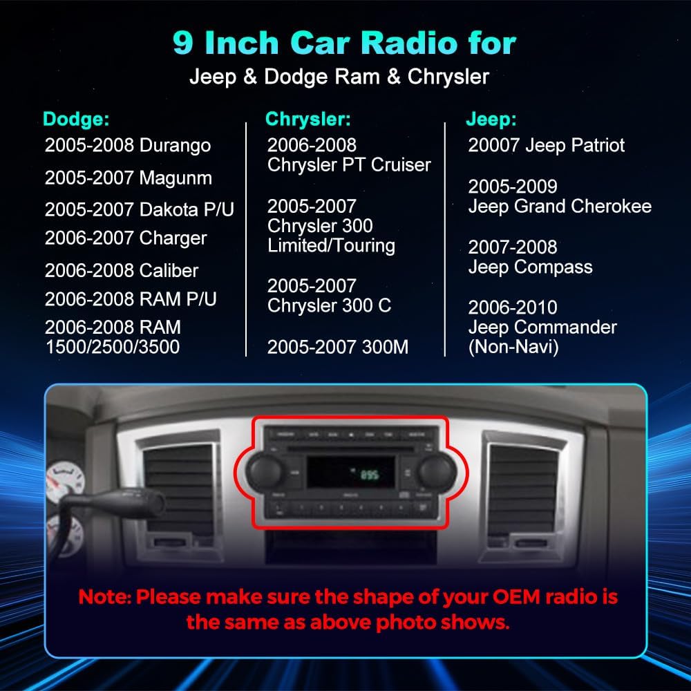 Android 13 stéréo pour Dodge Ram 1500-3500 (2006-2008), Durango (2004-2007), Chrysler 300/300C/300M (2005-2007), Jeep Grand Cherokee (2005-2007) avec CarPlay, Android Auto, FM, SWC, WiFi 5G (4+64 Go)