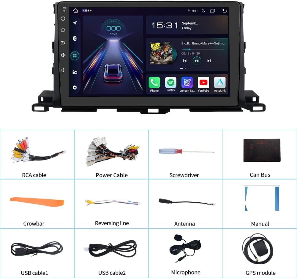 Autoradio Toyota Highlander 2014-2019 : Carplay/Android Auto intégré, 4G RAM, 64G ROM, WiFi, GPS, BT, DSP 48-EQ, SWC, radio AM/FM