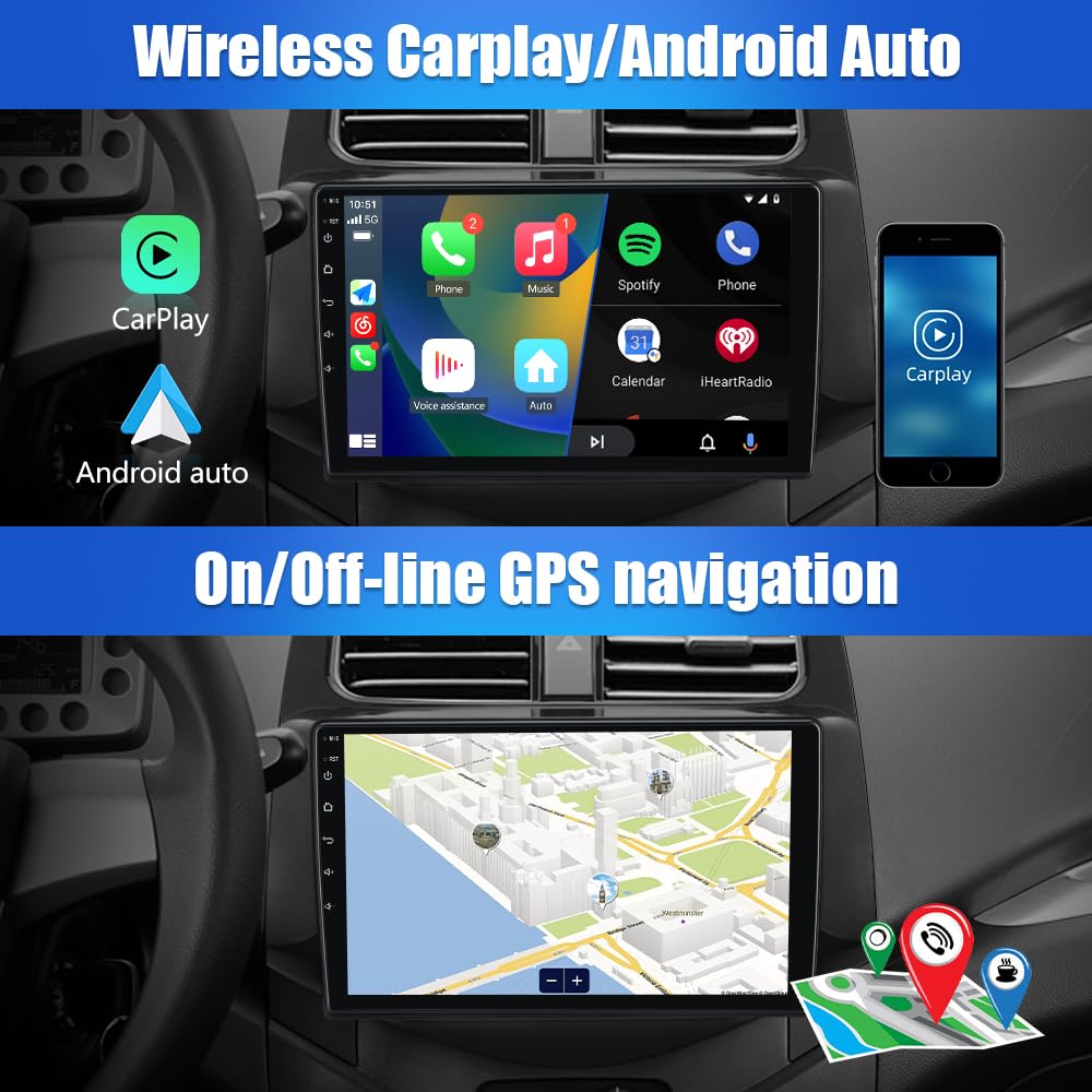 Autoradio Chevrolet Spark 2013-2015 : écran tactile Android 12 de 9", Android Auto/CarPlay sans fil, 2G+32G, SWC, WiFi, GPS, DSP, Bluetooth