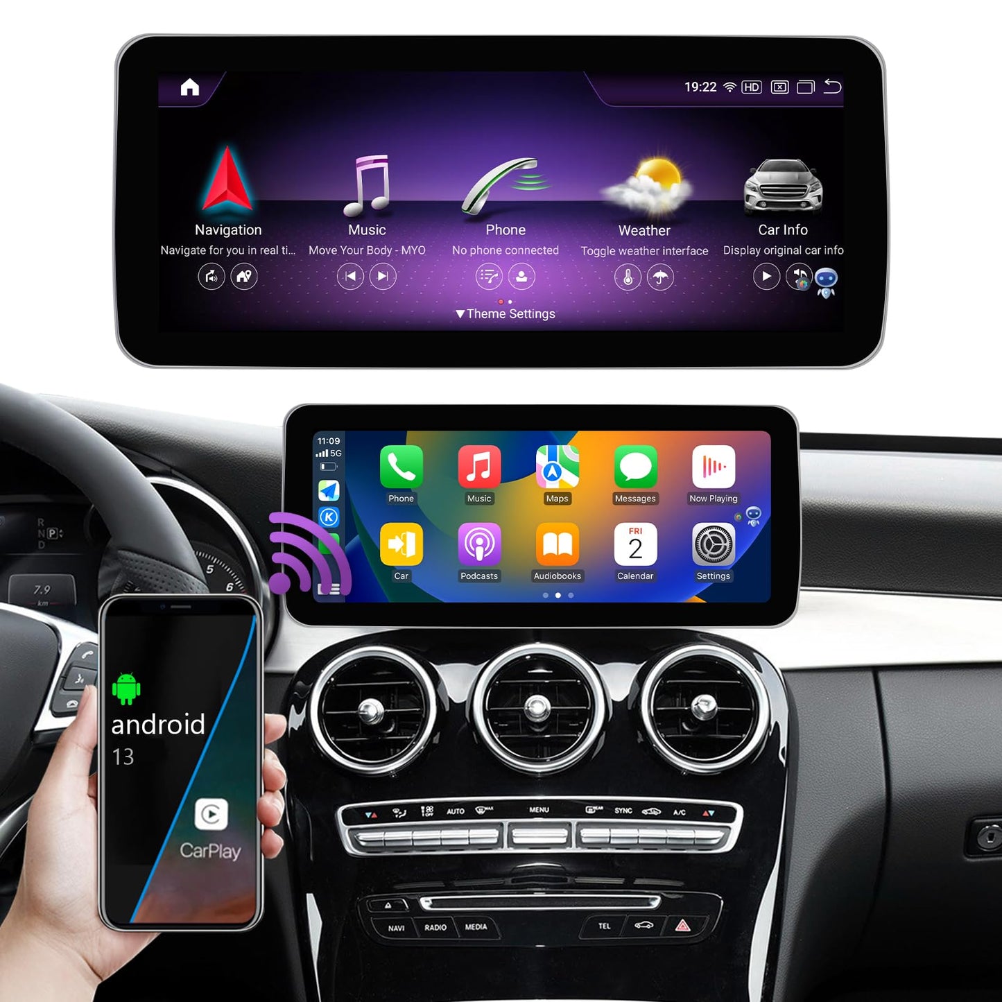 Autoradio Android 13 taille 12.3'' pour Mercedes C/GLC W205 2015-2018 | CarPlay, Android Auto