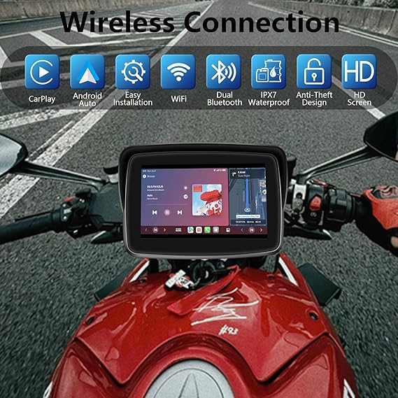 Écran Moto Jmance 5 Pouces Carplay Android Auto Sans Fil | Autoradio | Android 14 | Écran Tactile | Bluetooth | GPS