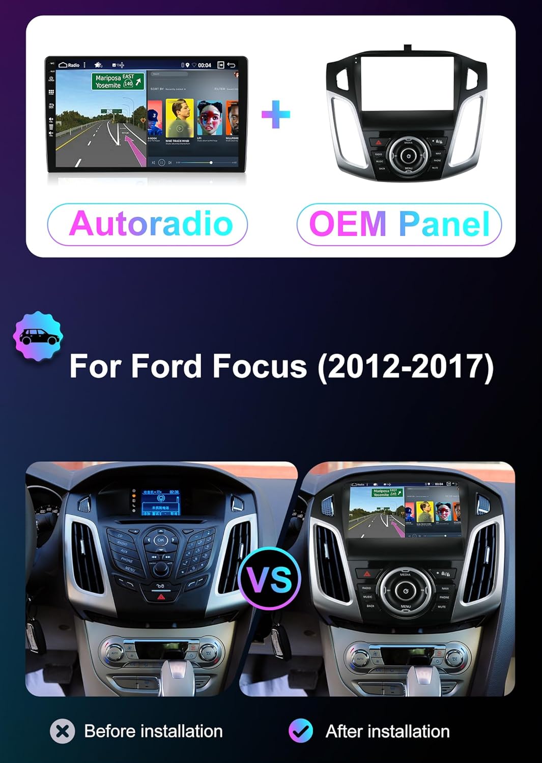 YUNTX Android 14 [6GB+128GB] 2 Din Autoradio pour Ford Focus 2012-2017-[Intégré CarPlay/Android Auto/DSP/GPS]-Caméra+MIC-9" IPS 2.5D Écran Tactile-Dab/Bluetooth 5.0/Commande au Volant/360 Caméra