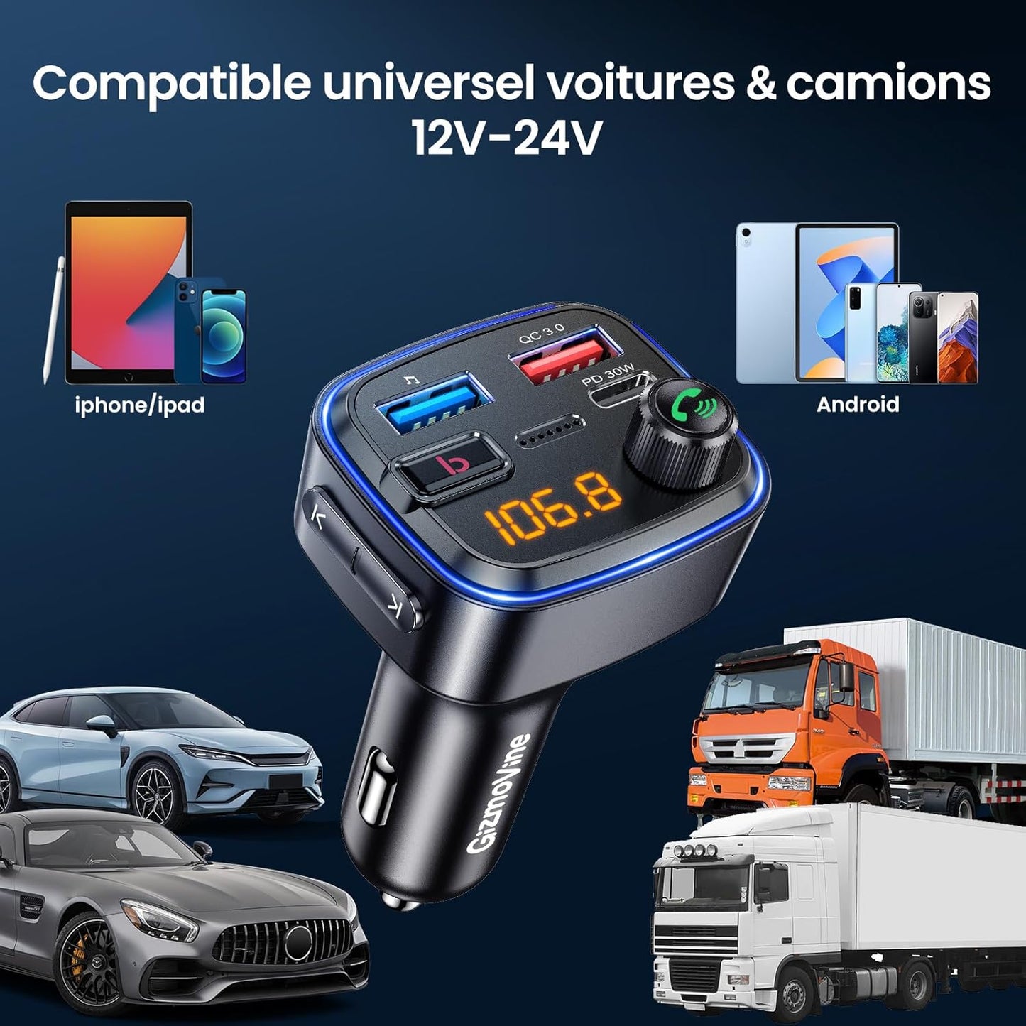 Émetteur Bluetooth Voiture  Kit Main Libre &amp; Charge Rapide USB-C 30W