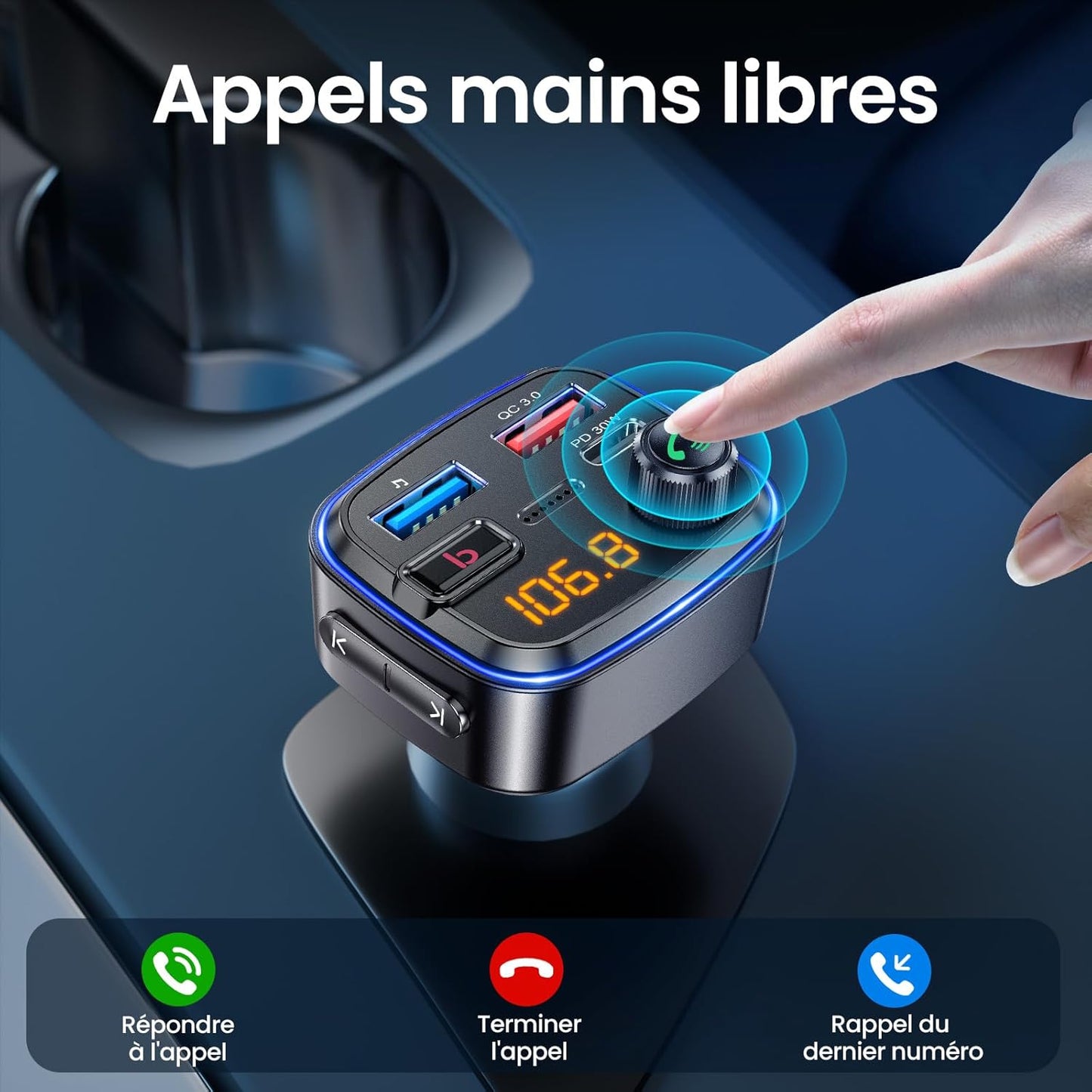 Émetteur Bluetooth Voiture  Kit Main Libre &amp; Charge Rapide USB-C 30W