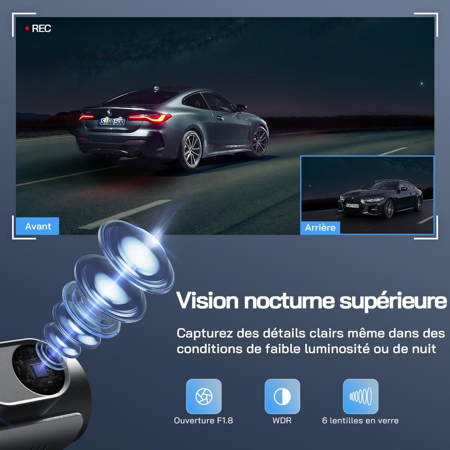 Dashcam 4K Avant/Arrière WiFi - Vision Nuit 170° - Carte 32G incluse
