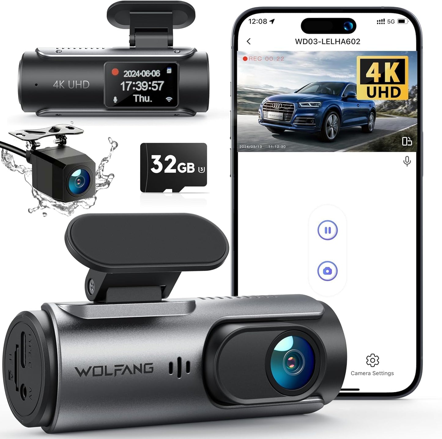 Dashcam 4K Avant/Arrière WiFi - Vision Nuit 170° - Carte 32G incluse