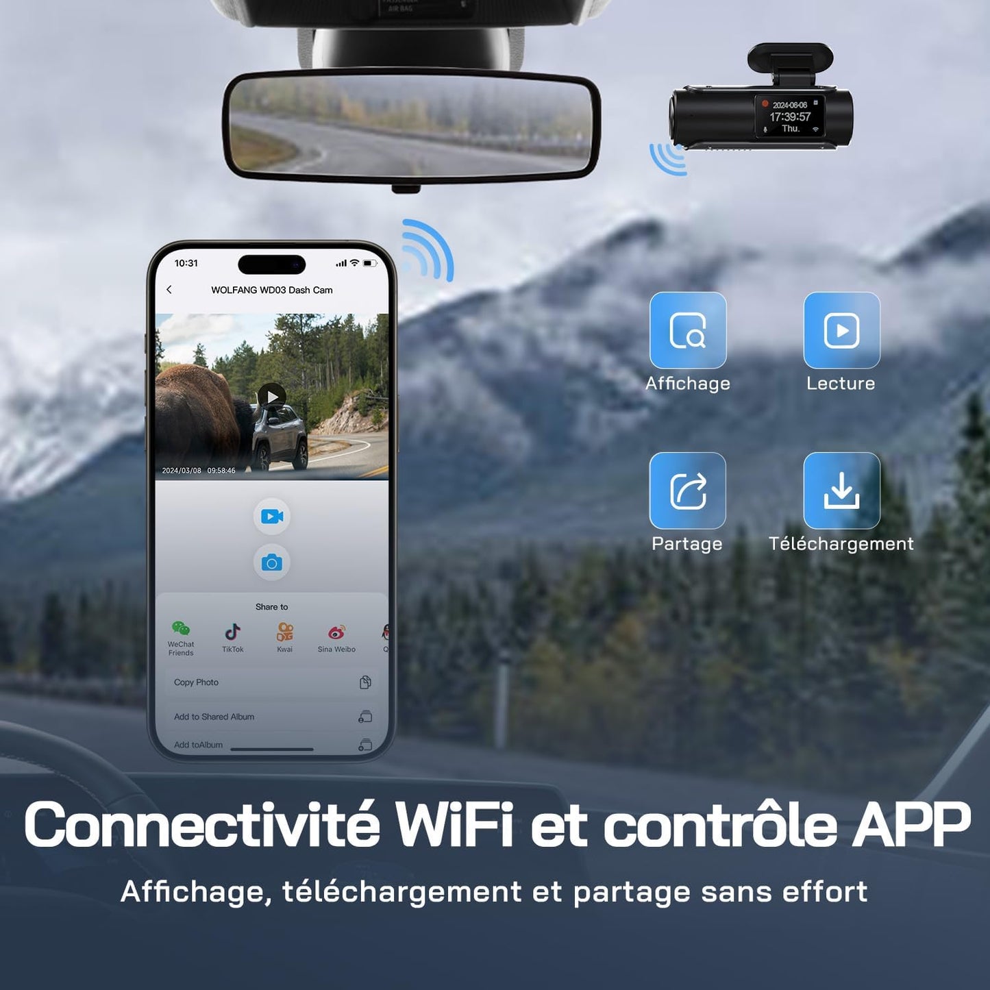 Dashcam 4K Avant/Arrière WiFi - Vision Nuit 170° - Carte 32G incluse