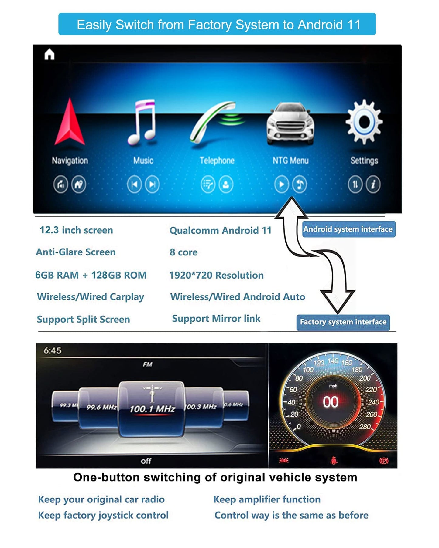 Autoradio Android 13 taille 12.3'' pour Mercedes C/GLC W205 2015-2018 | CarPlay, Android Auto