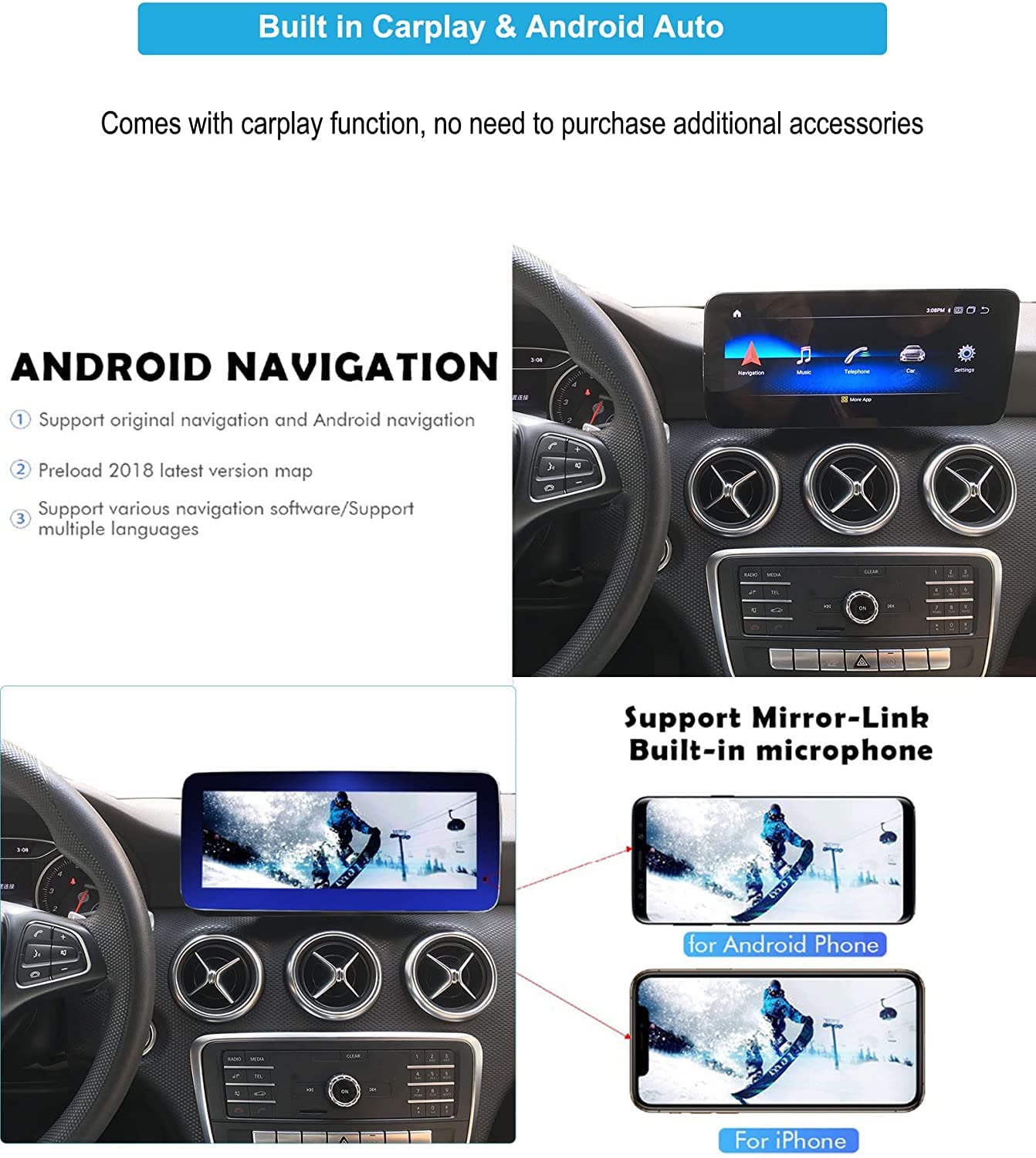 Autoradio Android 13 taille 12.3'' pour Mercedes C/GLC W205 2015-2018 | CarPlay, Android Auto