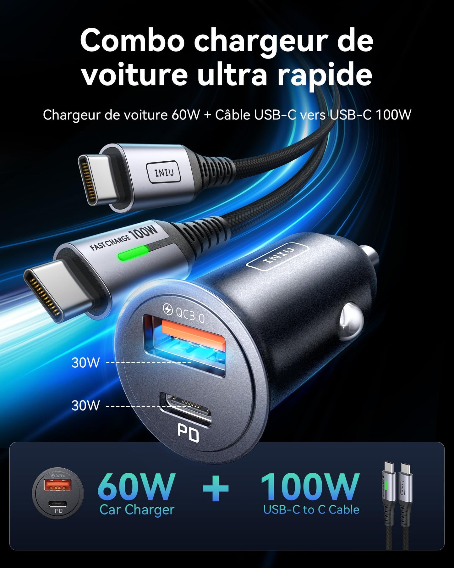 Chargeur de Voiture 60W - Charge Rapide et Sécurisée