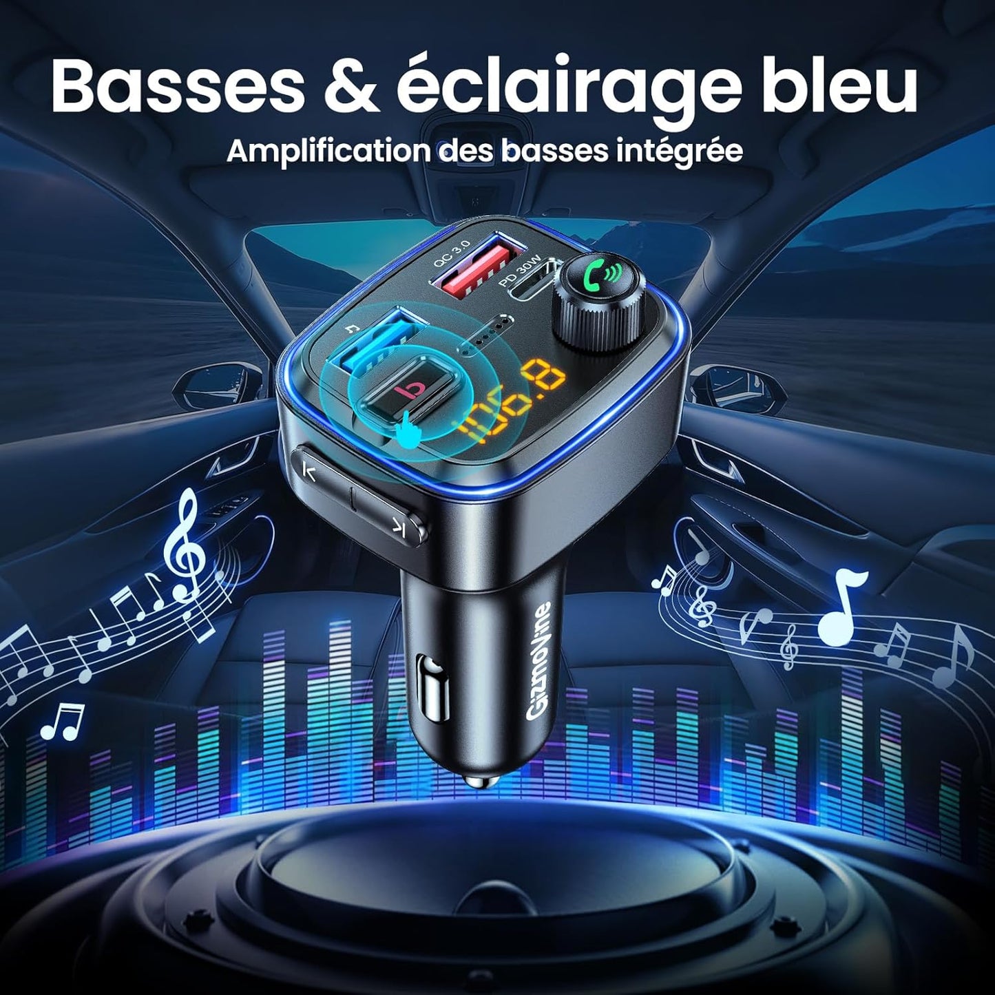 Émetteur Bluetooth Voiture  Kit Main Libre &amp; Charge Rapide USB-C 30W