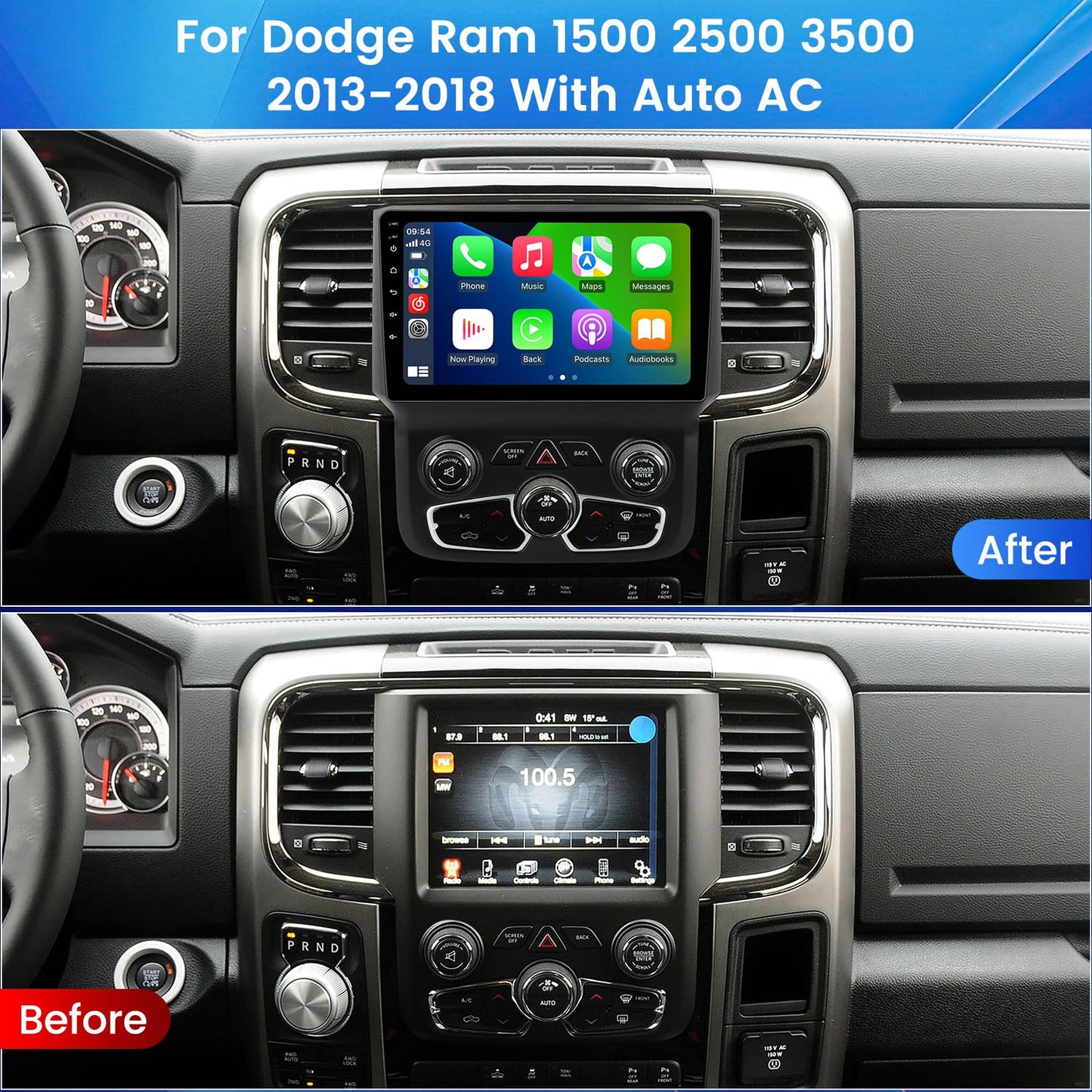 Stéréo de voiture Android 12 8 cœurs 9" pour Dodge Ram 2013-2018 : 4+64 Go, 1280 x 720, CarPlay/Android Auto sans fil, DSP, AM/FM, GPS, WiFi 5G, kit de tableau de bord de mise à niveau automatique AC