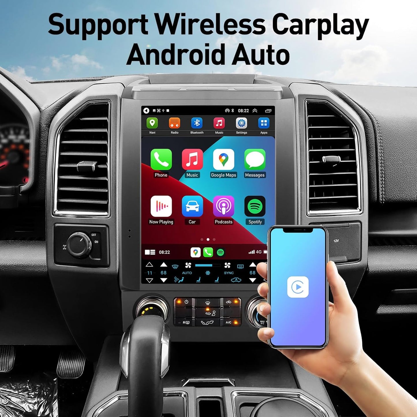 Autoradio Ford F150 2015-2020 Android 13 : écran tactile IPS 12,1", GPS, CarPlay sans fil, Android Auto filaire, commandes au volant, Bluetooth, WiFi.