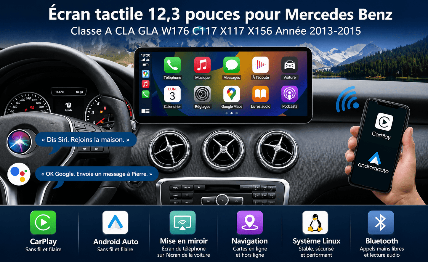 Écran Android 15 pour Mercedes Classe A W176, GLA X156, CLA C117 (NTG 4.5/4.7) 2013-2015