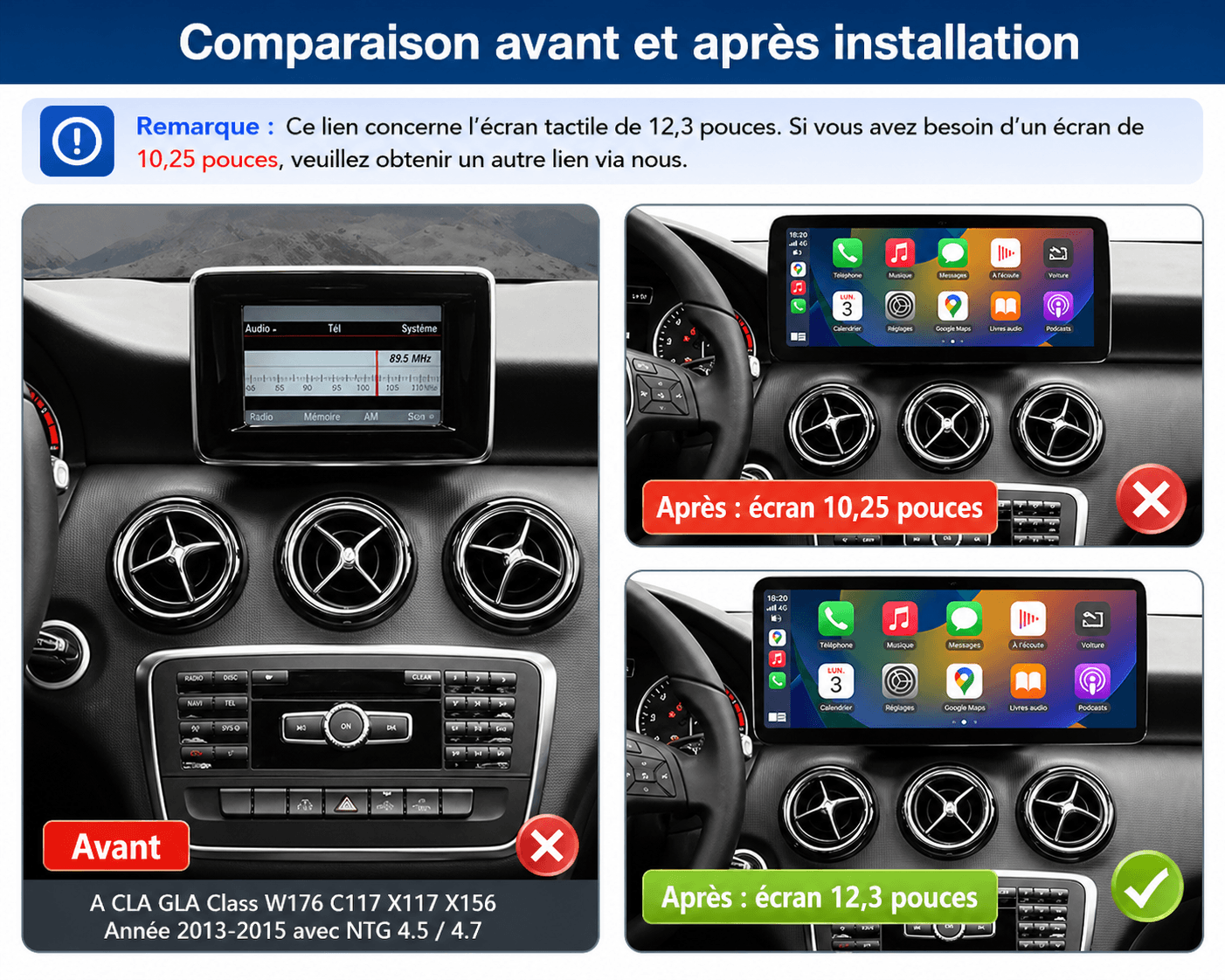 Écran Android 15 pour Mercedes Classe A W176, GLA X156, CLA C117 (NTG 4.5/4.7) 2013-2015
