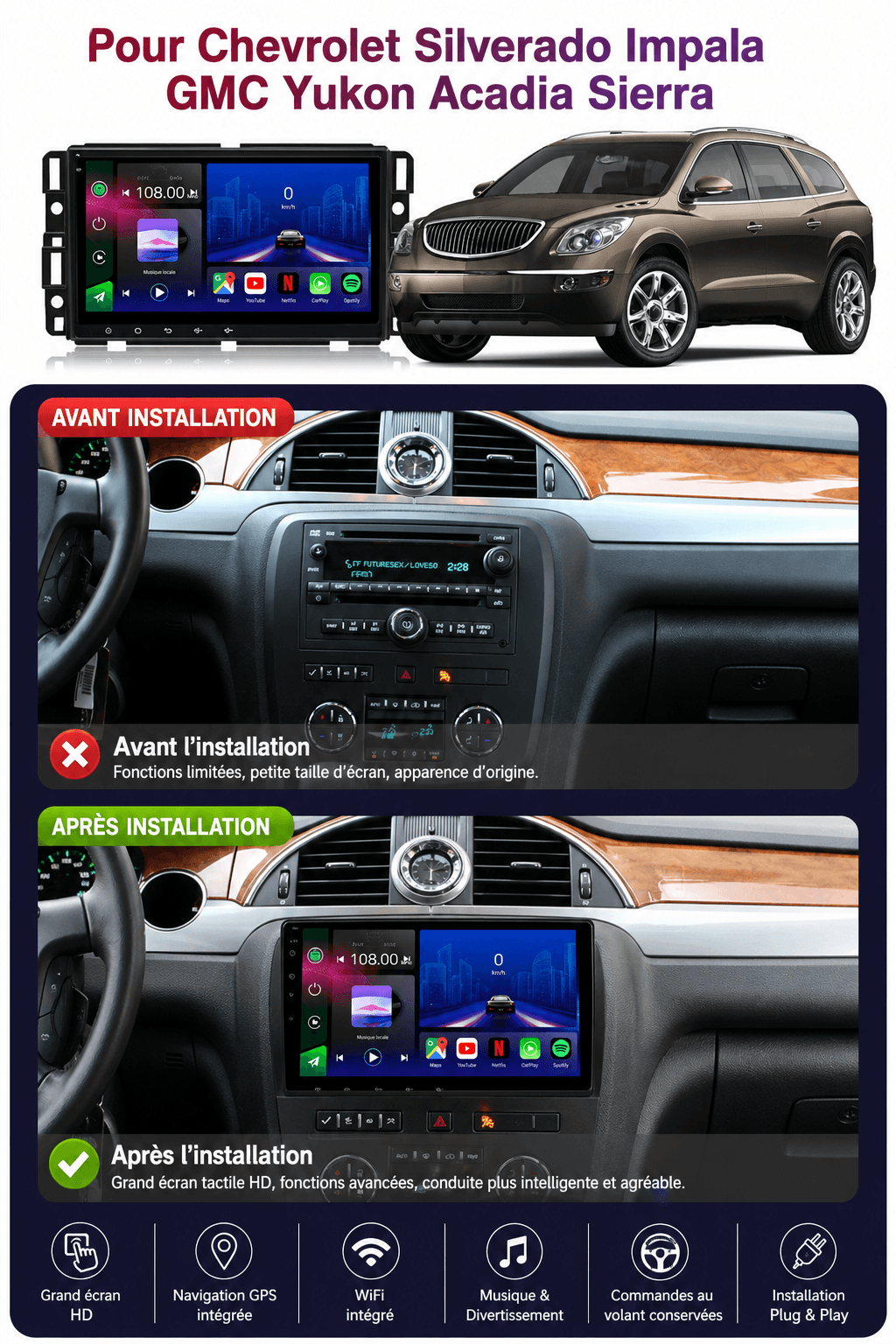 Autoradio Android 15 Chevrolet Silverado 4+64 Go : GPS, Carplay, Android Auto