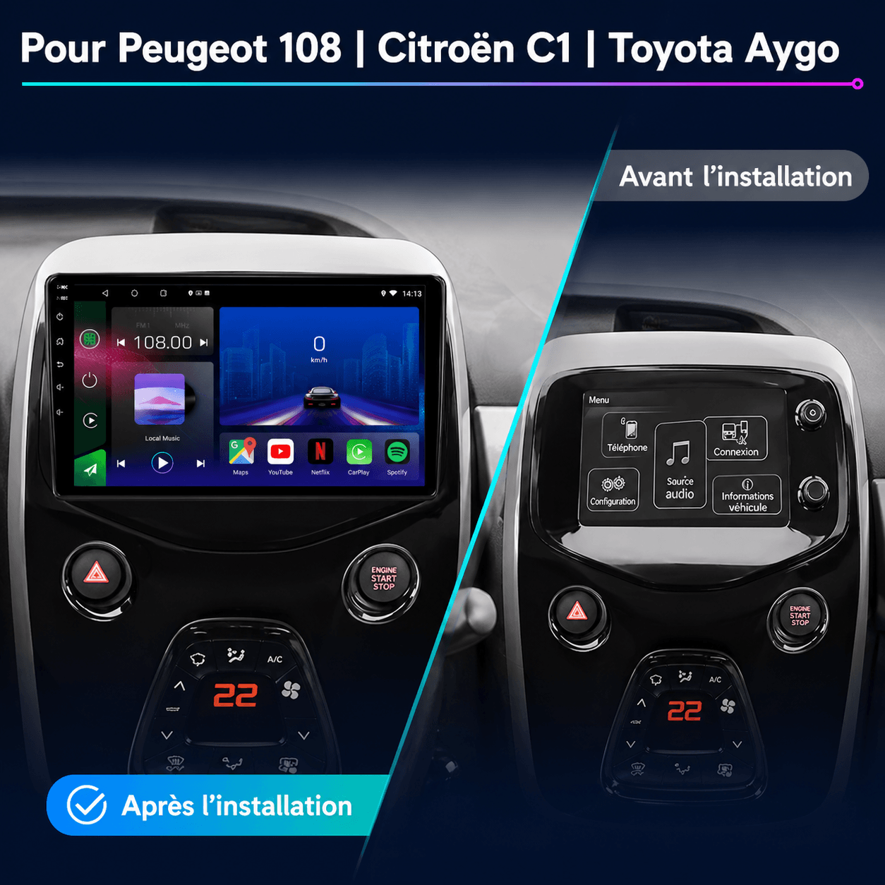 Peugeot 108 | Citroen C1 | Toyota Aygo | Android 15 Autoradio | Apple CarPlay | Android Auto