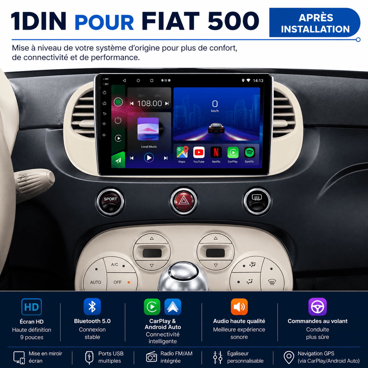 FIAT 500 | 2007-2015 | Android 15 Autoradio | Apple CarPlay | Android Auto