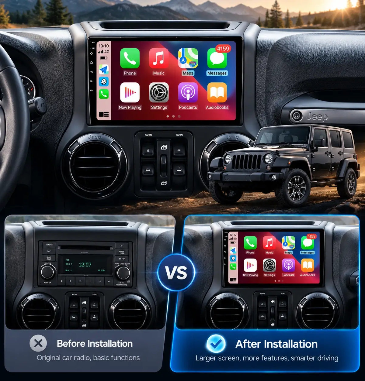 Autoradio Android 10,1″ pour Jeep Wrangler 2011–2014 : 2+64 Go, GPS, DSP, Bluetooth, Wi-Fi, CarPlay sans fil / Android Auto, commandes au volant