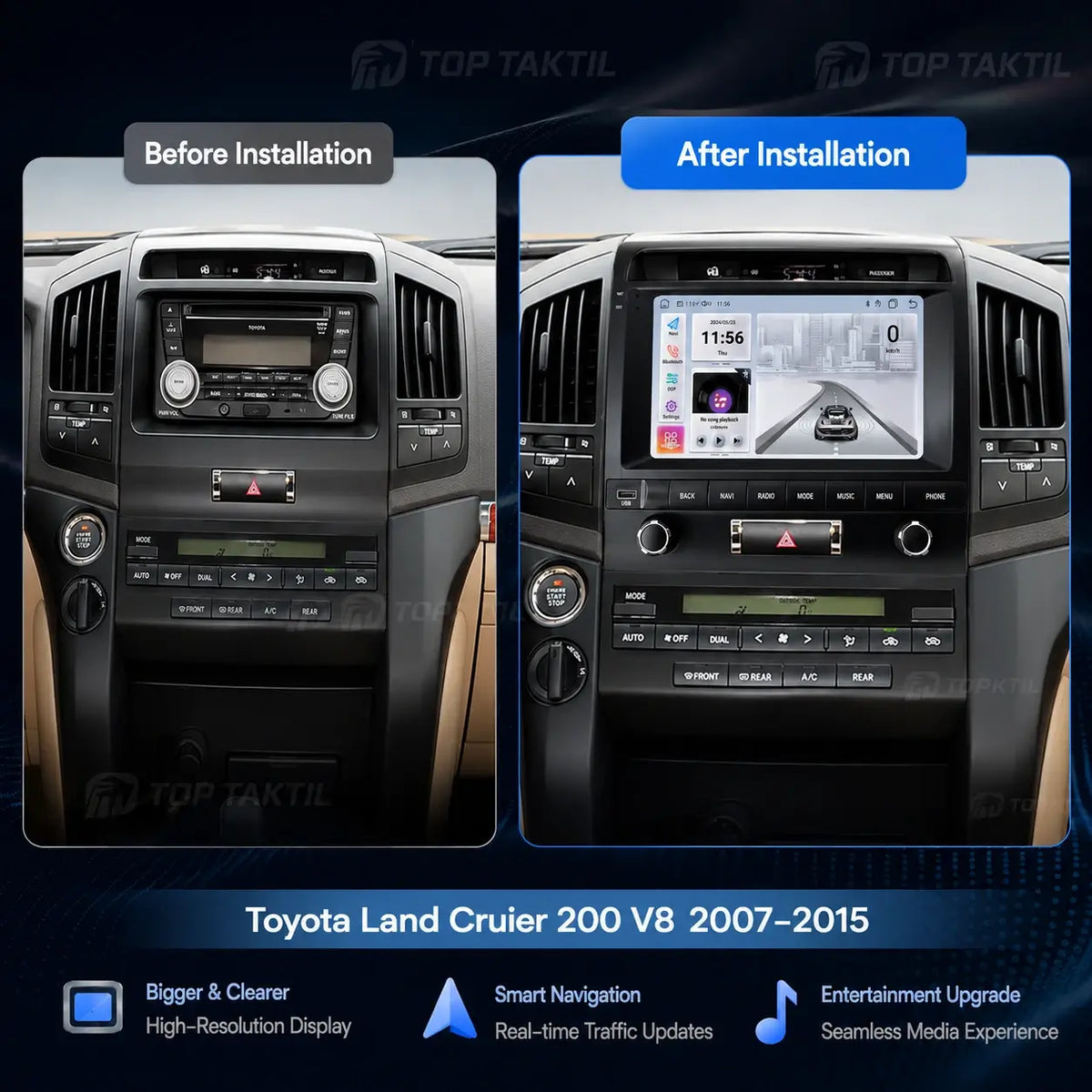Toyota Land Cruiser 2008-2015 Android 15 Autoradio : IPS Touch, Car-Play, Android Auto, GPS, WiFi 5G, FM, SWC, Caméra AHD