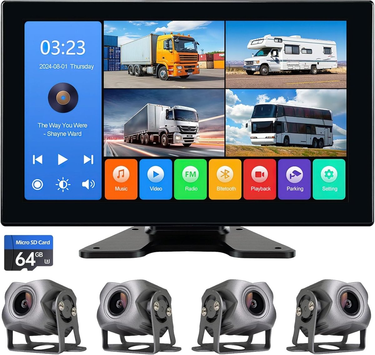 TOPTAKTILKit Caméras 4K 1080P 4 Canaux avec Écran Tactile 10.2" pour Camions, Bus & Caravanes – Vision 360°, Enregistrement 5 Canaux, Étanche IP69, Bluetooth 5.0, Installation FacileÀ domicile