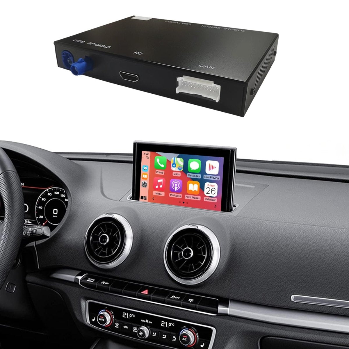 TOPTAKTILKit Rétrofit CarPlay & Android Auto Sans Fil pour Audi A3/A5/S3 (2010–2018) – Navigation, Musique, Caméra, Mirroring