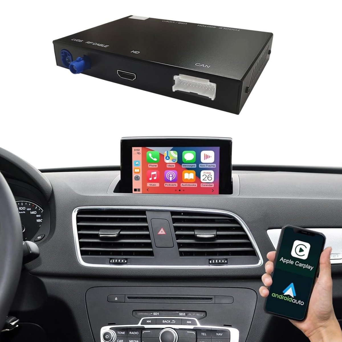 TOPTAKTILKit Rétrofit CarPlay & Android Auto Sans Fil pour Audi A3/A5/S3 (2010–2018) – Navigation, Musique, Caméra, Mirroring